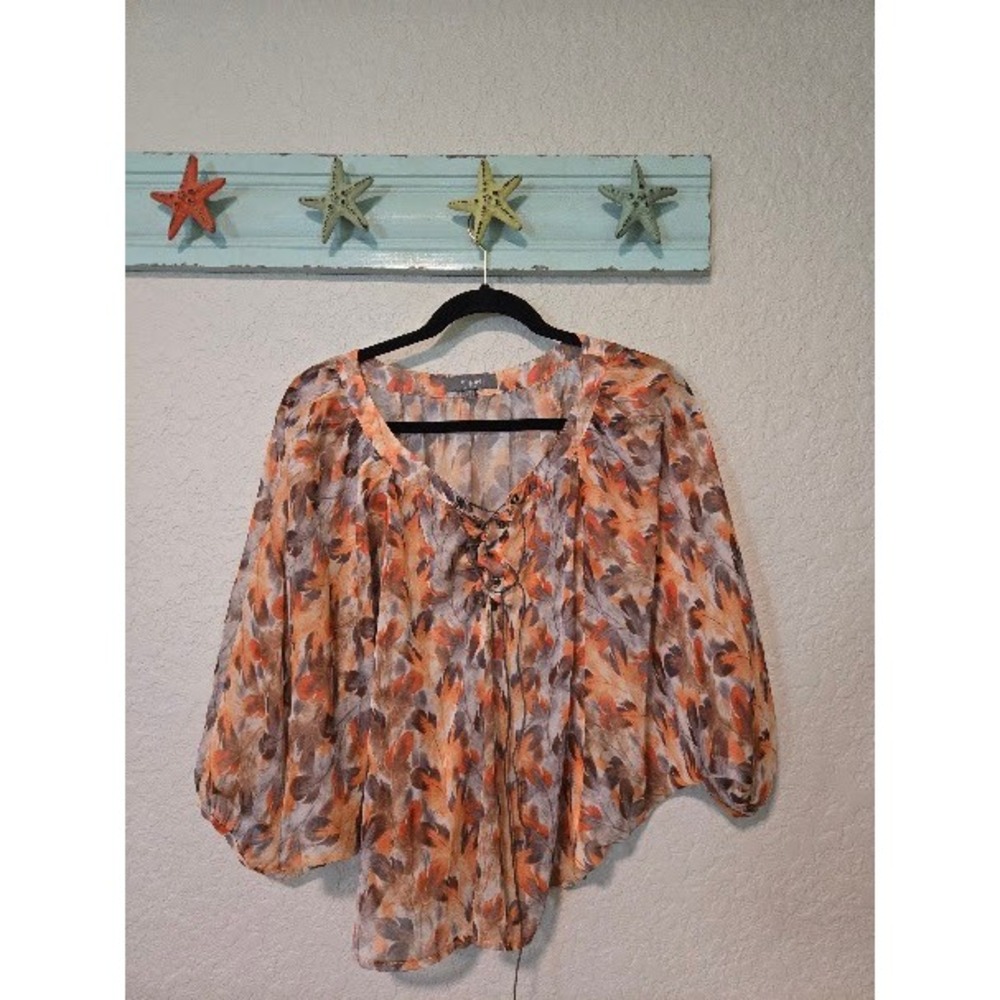 Umgee USA Womens Small Orange Grey Feather Print Lace Up Dolman Peasant Top